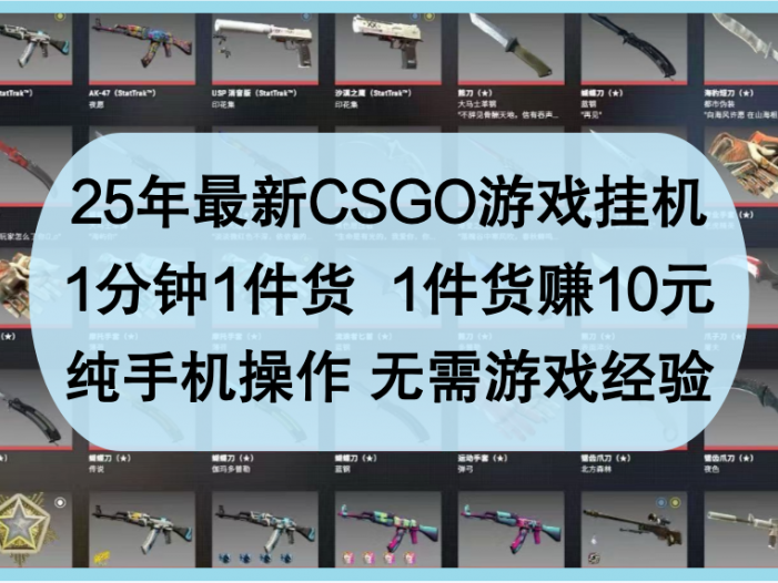25年最新CSGO游戏挂机，1分钟1件货，1件货赚10元，纯手机操作，无需游戏经验